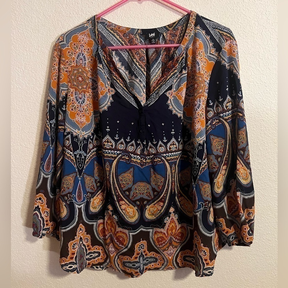 Blue and Orange Lee Paisley Blouse Size XL